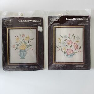 2 Charmin Candlewicking Embroidery Kit Set‎ 2 Vase Basket Flowers Vintage 8x10